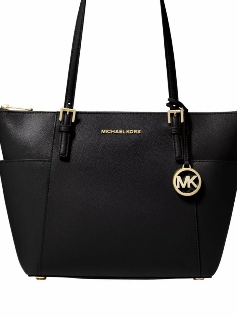 Michael Kors Black Leather Saffiano Tote with Gold MK Charm